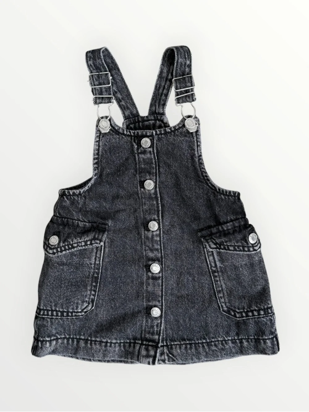 Zara Kids Black Denim Pinafore Dress Overalls Jumper Faded Acid Wash 12-18 Month